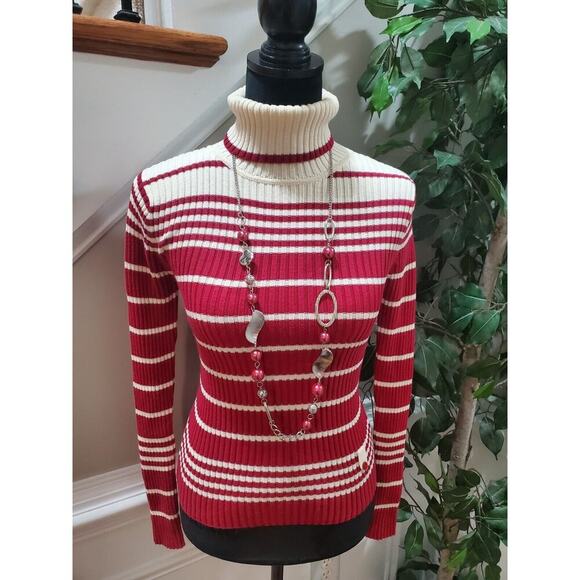 Loft Women's Red & Cream Cotton Turtle Neck Long Sleeve Pullover Knit Sweater XS - Picture 2 of 10